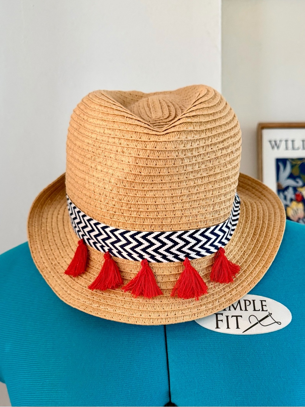 Straw Fedora with Tassles and Chevron ribbon